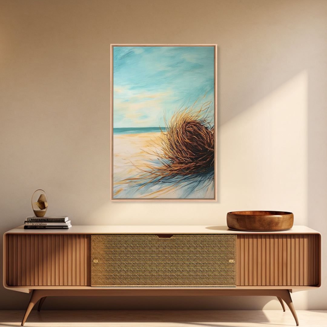 Beach Tumbleweed Painting Framed Canvas Print Coastal Wall Art Ocean Sand Decor Minimalist Art Boho Beach House Wall Accent