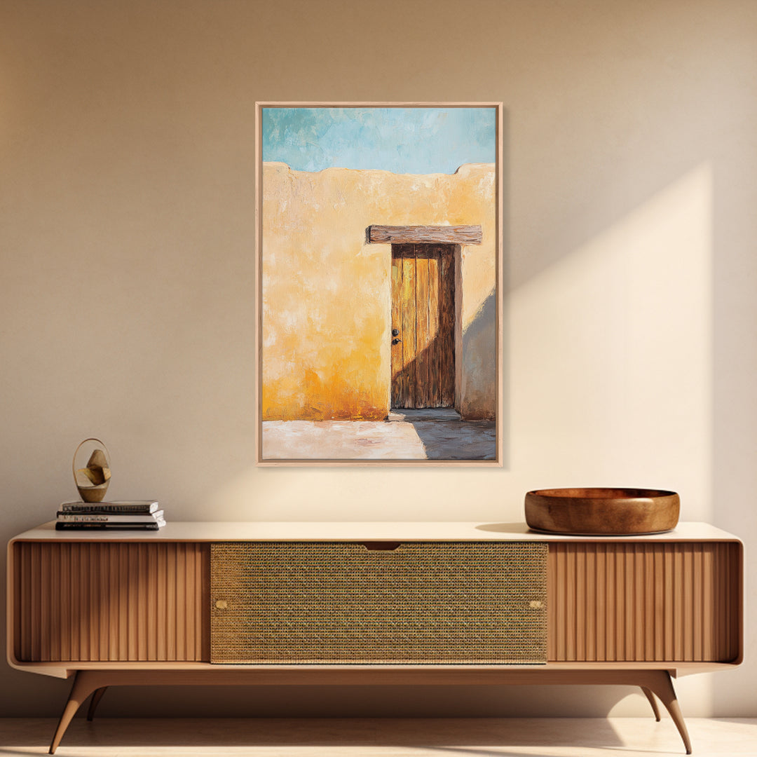 Rustic Adobe Door Framed Canvas Print Southwest Wall Art Desert Home Decor Bohemian Aesthetic Living Room Entryway Accent