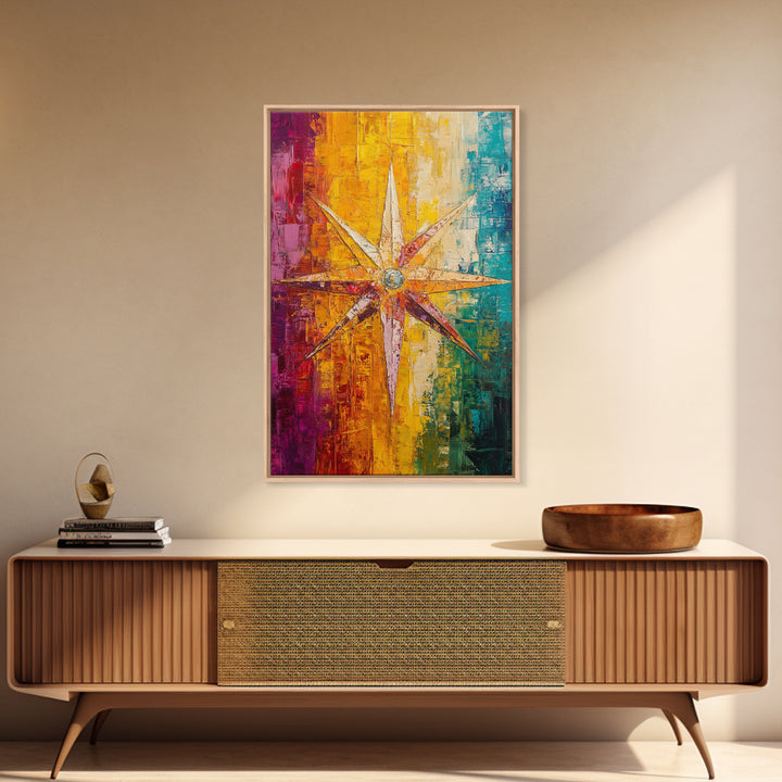 Compass Star Canvas Print Rustic Nautical Wall Art Adventure Decor Travel Lovers Gift Vibrant Abstract Living Room Artwork