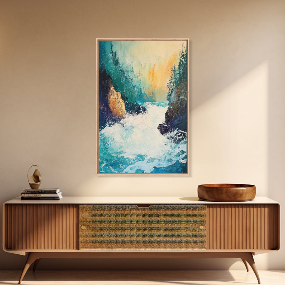 Rushing Waterfall Framed Canvas Print Nature Landscape Wall Art, Wilderness River Painting, Cabin Art, Mountain Stream Artwork