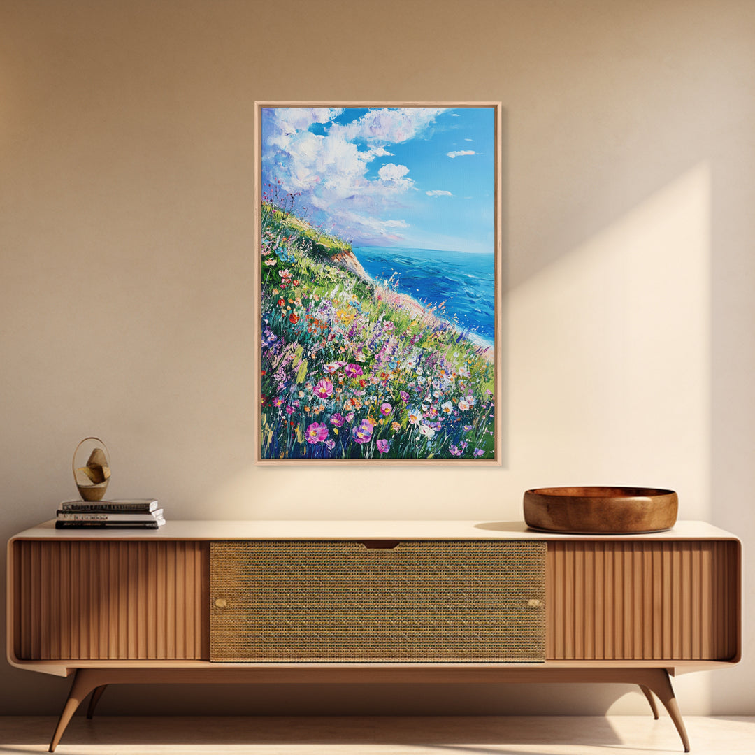 Ocean Cliffside Flowers Framed Canvas Print Coastal Landscape Wall Art, Wildflower Meadow Painting, Beach House Art, Seaside Decor