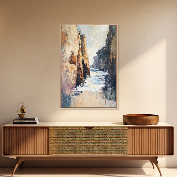 Canyon Coastal Waves Framed Canvas Print Dramatic Landscape Wall Art, Nature Painting, Rustic Western Art, Ocean Cliffs Artwork
