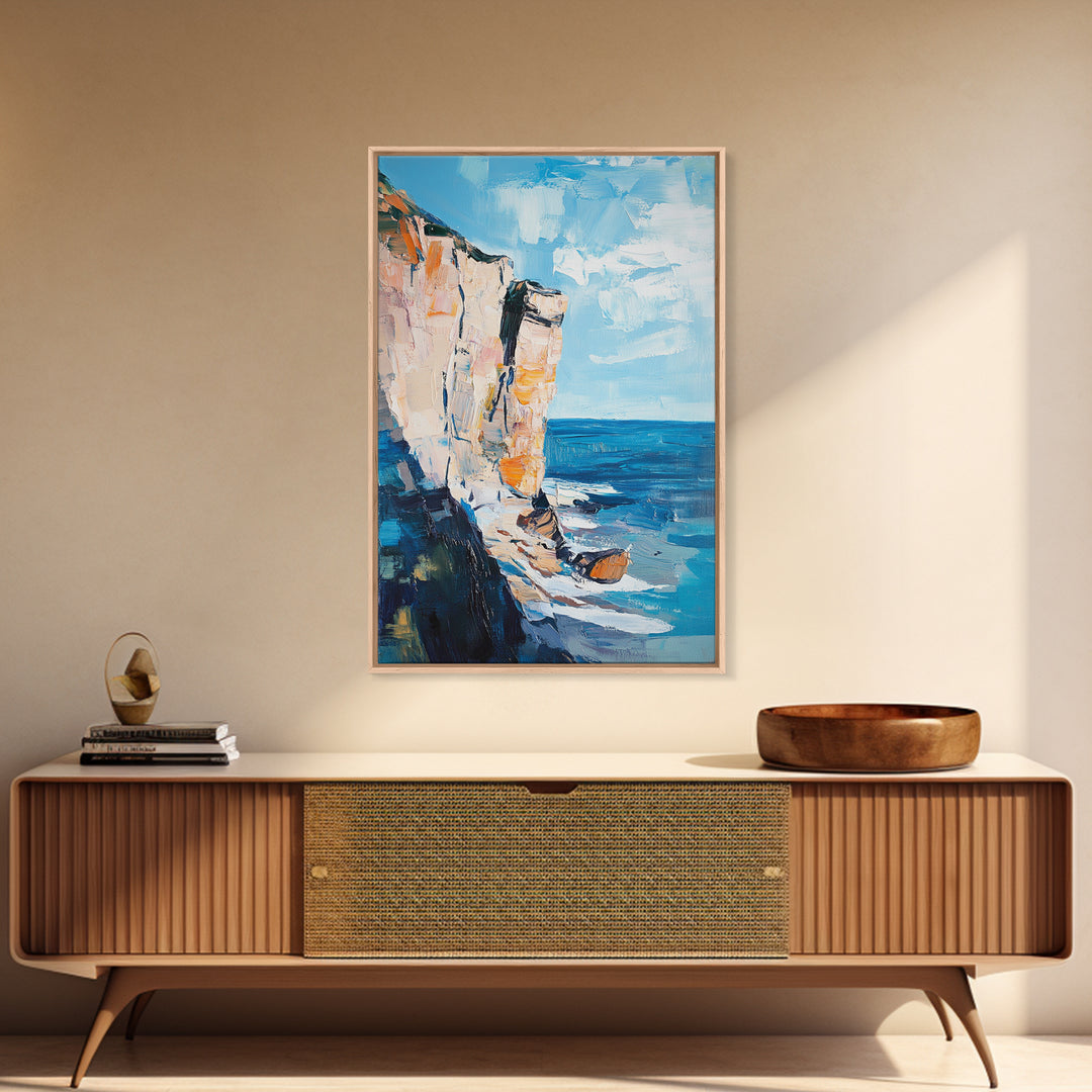 Coastal Cliff Art Framed Canvas Print | Beach Wall Decor | Ocean Landscape Painting | Seaside Home Art | Nautical Wall Art
