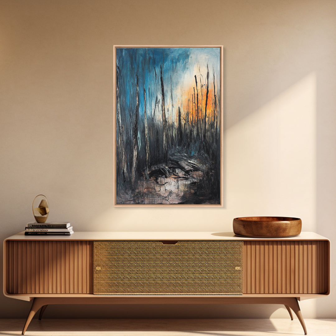 Burnt Forest, Forest At Dusk Painting, Moody Art, Nature Wall Art, Dark Landscape Painting, Abstract Forest Art, Framed Canvas Print