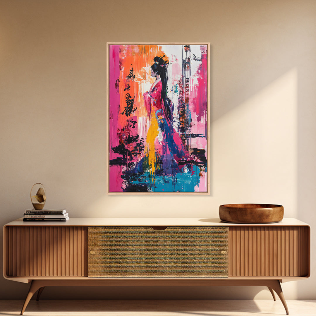 Abstract Geisha, Colorful Woman Art, Japanese Painting, Wabi Sabi Art, Boho Art, Pink Wall Art, Framed Canvas Print, Gift Idea