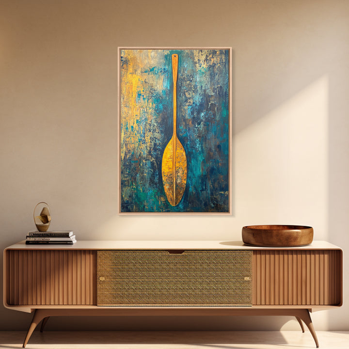 Wooden Paddle, Nautical Wall Art, Rustic Decor, Blue and Green Wall Art, Extra Wide Art, Living Room Art, Framed Canvas Print