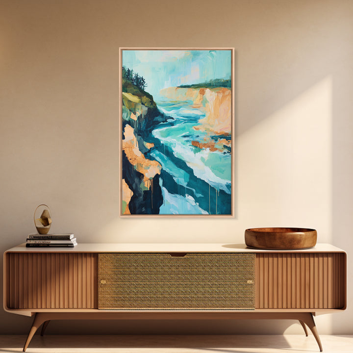 Coastal Cliffs, Nautical Painting, Seascape Painting, Rustic Decor, Extra Wide Art, Above Bed Wall Art, Framed Canvas Print