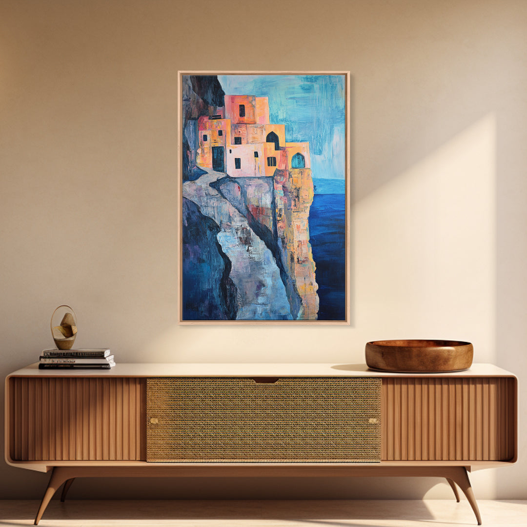Cliffside Village, Mediterranean Art, Coastal Wall Art, Seascape Painting, Boho Art, Rustic Wall Art, Framed Canvas Print