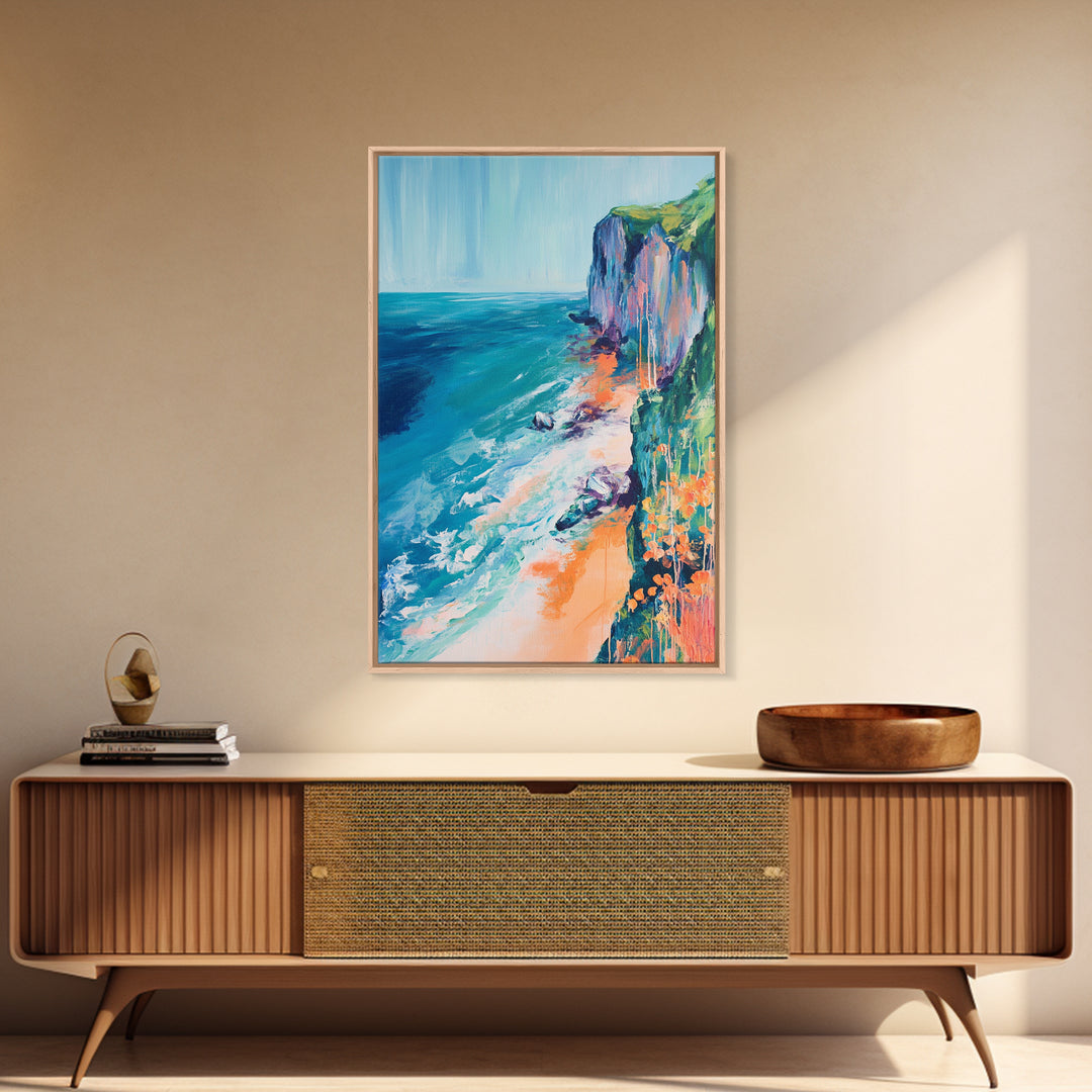 Ocean Cliffs, Coastal Decor, Nautical Wall Art, Landscape Painting, Seascape Painting, California Poppy Art, Canvas Print