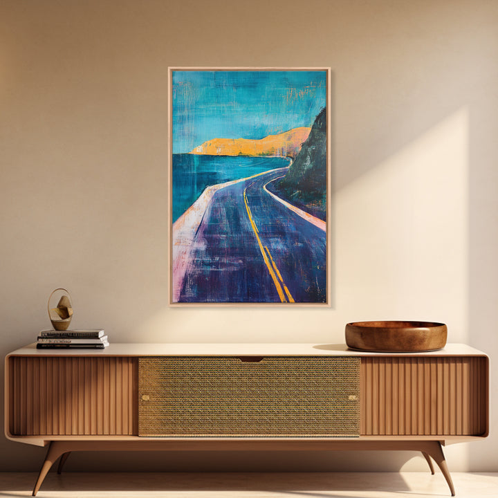 Coastal Highway, surf wall art, coastal decor, scenic road painting, living room art, minimalist art, Framed Canvas Print, gift idea