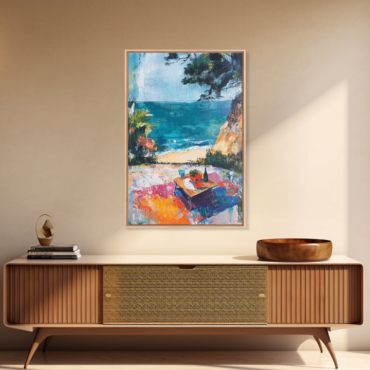 Beach Picnic, coastal cowgirl wall art, nautical decor, food review kitchen art, ocean view, tropical art, Framed Canvas Print, gift idea