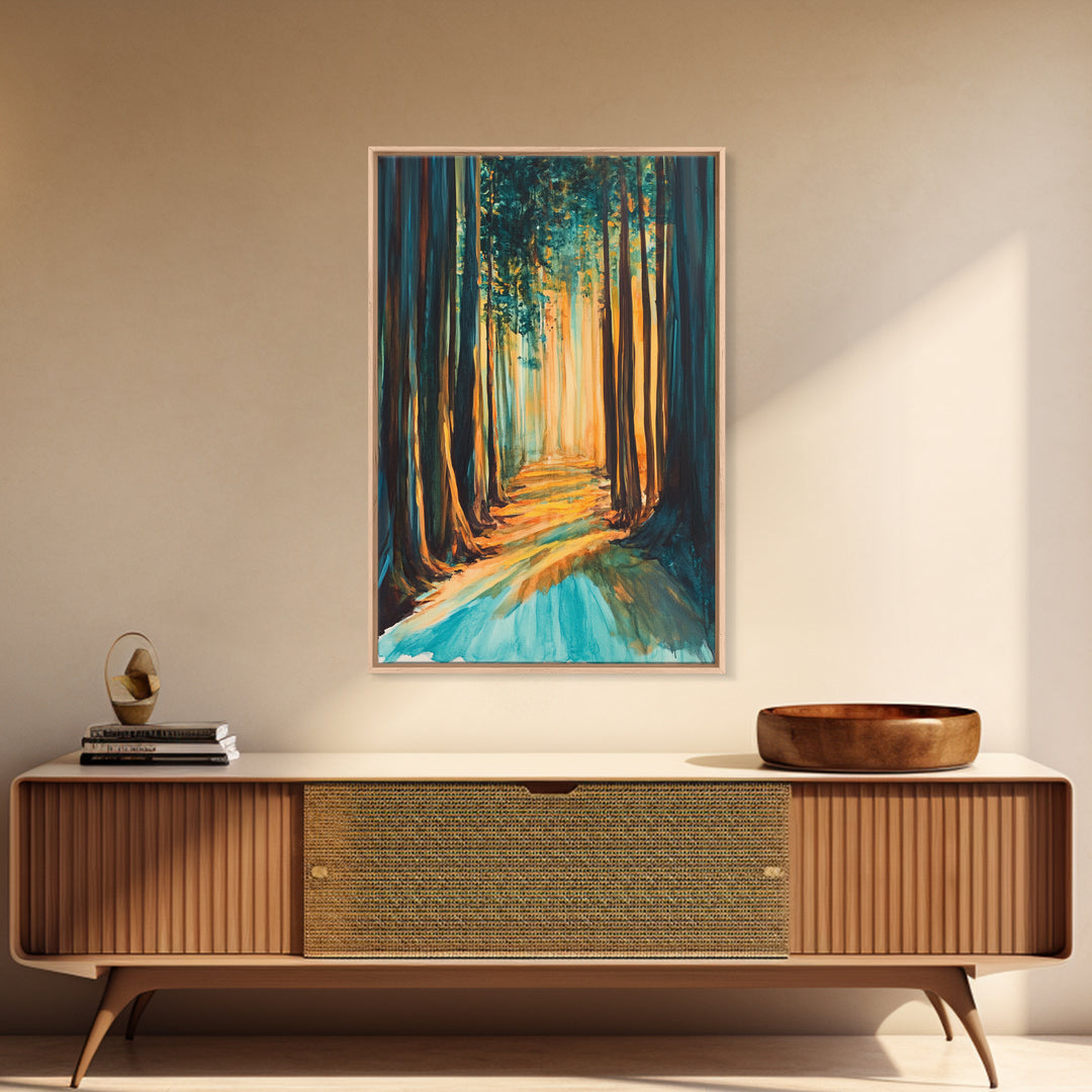 Golden Forest, moody art, pine tree art, wabi sabi wall art, landscape painting, rustic decor, Framed Canvas Print, autumn decor