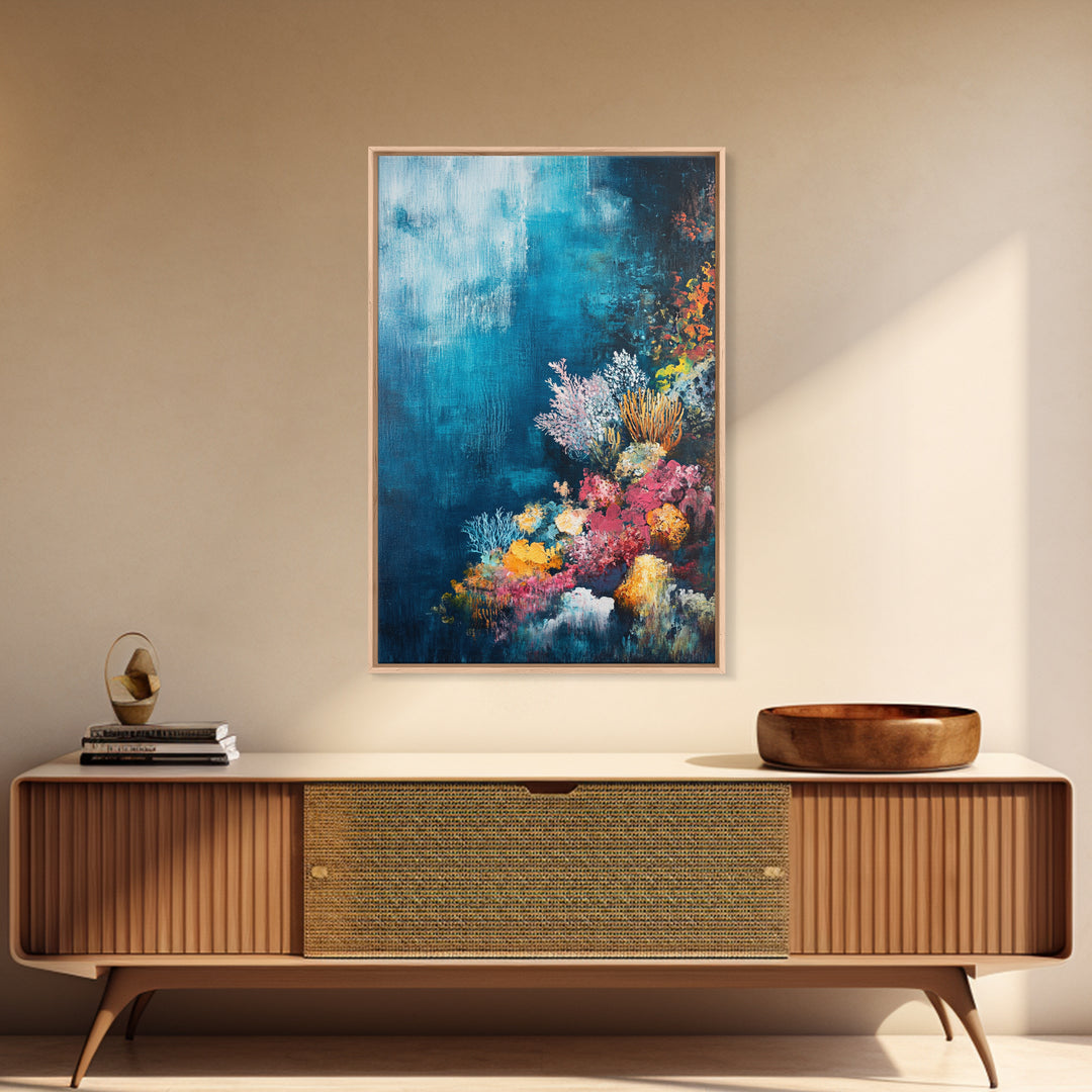 Deep Sea Coral, ocean painting, nautical decor, coastal wall art, blue and green wall art, above sofa art, Framed Canvas Print, gift idea