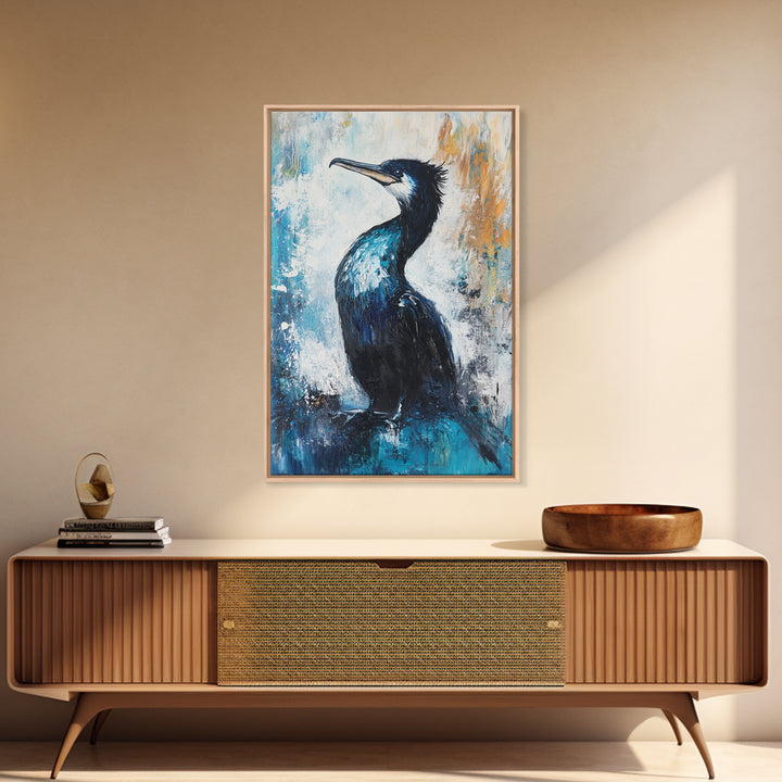 Blue Heron, bird art, rustic wall art, coastal landscape art, moody art, wildlife painting, Framed Canvas Print, nature-inspired decor