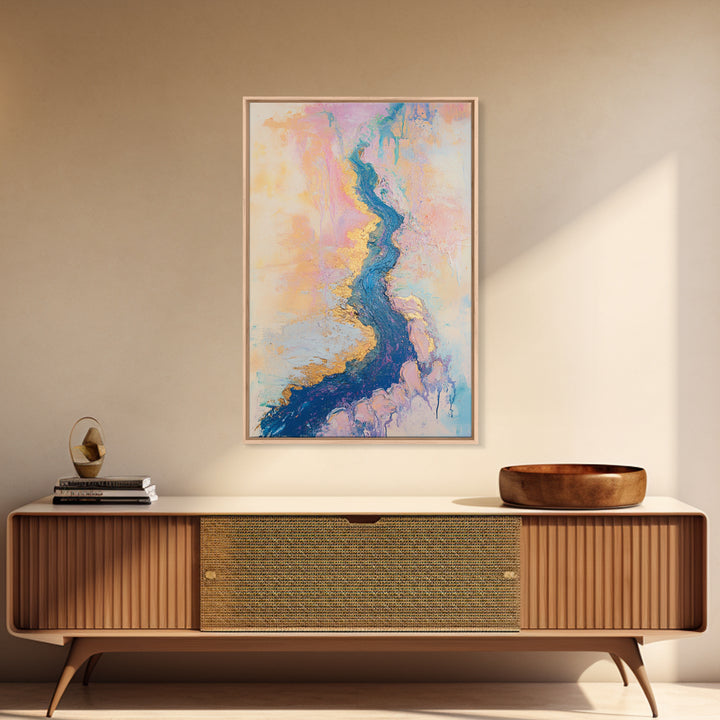 River Gold, gemstone painting, abstract landscape painting, pastel wall art, wabi sabi wall art, Framed Canvas Print, gift idea for her