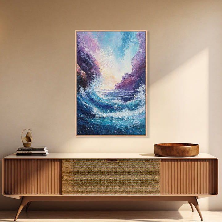 ocean waves, coastal painting, framed canvas print, seascape painting, nautical wall art, beach decor, extra wide art, gift idea