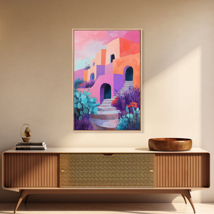 Desert House, Southwest Art, Colorful Adobe Painting, Boho Wall Art, Pink Orange Wall Art, Living Room Art, Framed Canvas Print