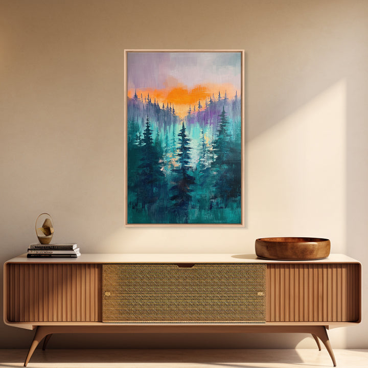 pine tree art, landscape painting, framed canvas print, mountain painting, forest at dusk painting, rustic wall art, gift idea