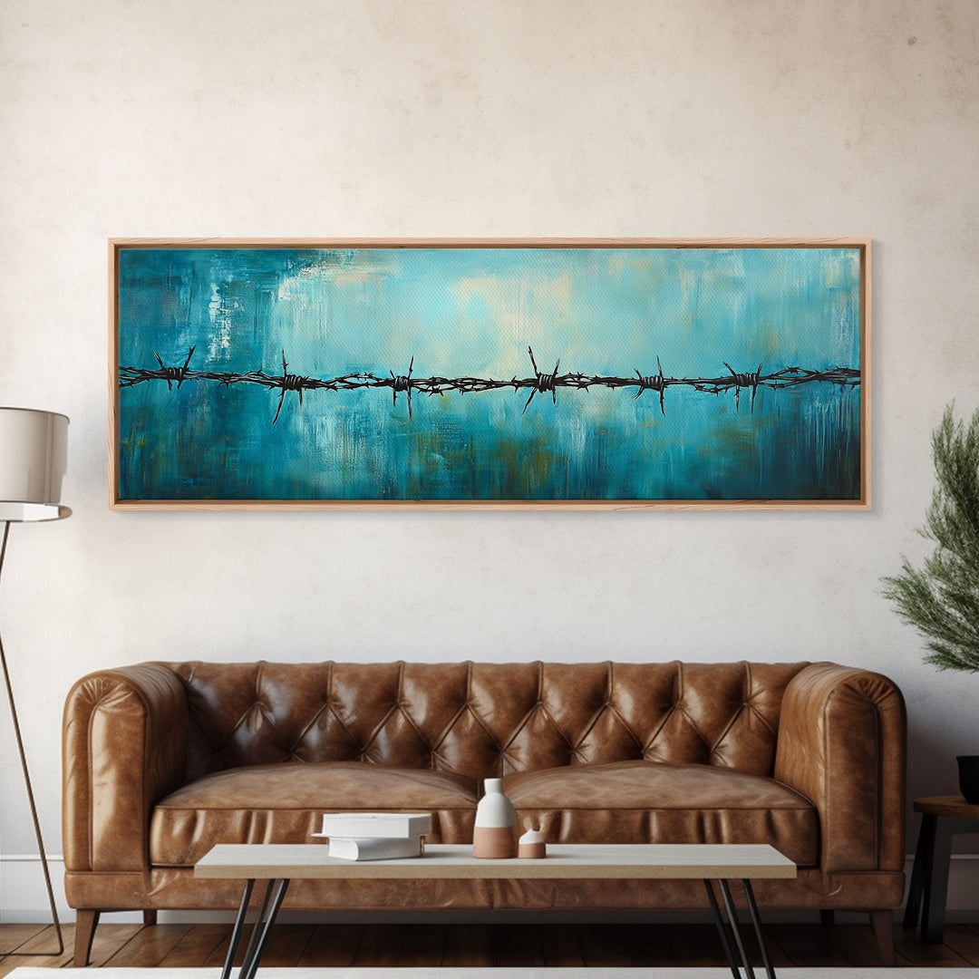 Barbed Wire Minimalist Painting, Blue and Black Modern Wall Art, Industrial Urban Aesthetic, Bold Statement Office, Canvas Print