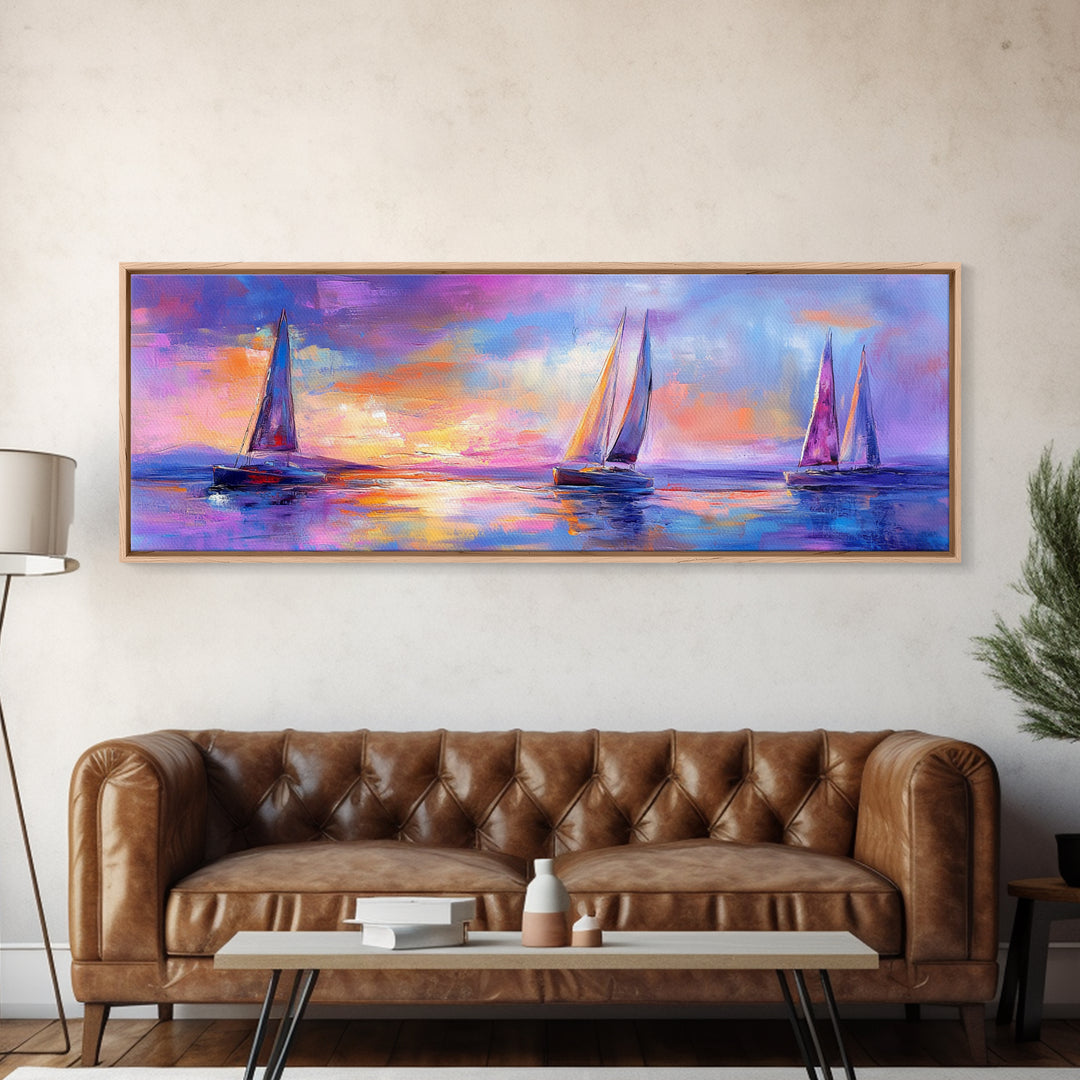 Sailboats at Sunset Framed Canvas Print Nautical Wall Art, Vibrant Ocean Painting, Coastal Home Decor, Large Living Room Artwork