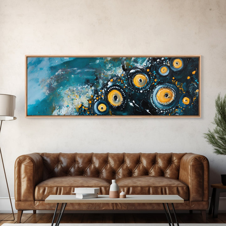 Abstract Cosmic Eye Painting, Modern Celestial Art, Blue and Gold Surreal Wall Decor, Unique Living Room, Framed Canvas Print