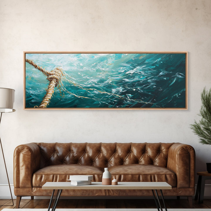 Ocean Rope Waves Canvas Print Nautical Wall Art Beach House Decor Coastal Blue Artwork Framed Seascape Living Room Wall Art