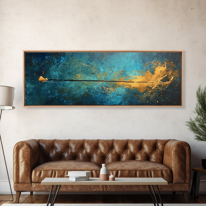 Cosmic Fishing Line Canvas Print Abstract Space Wall Art Gold and Blue Modern Artwork Celestial Decor Living Room Framed Art