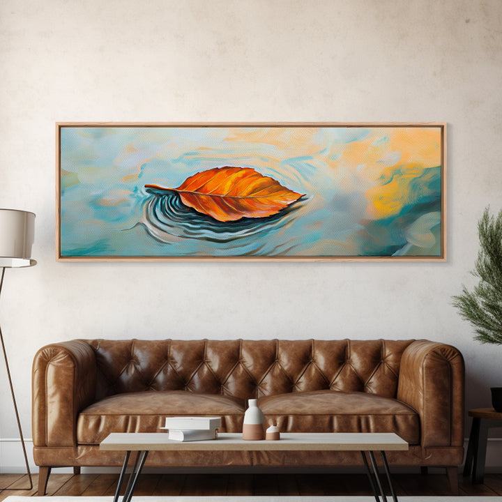 Autumn Leaf Water Ripples Canvas Print Fall Wall Art Nature Inspired Artwork Boho Home Decor Framed Minimalist Modern Print