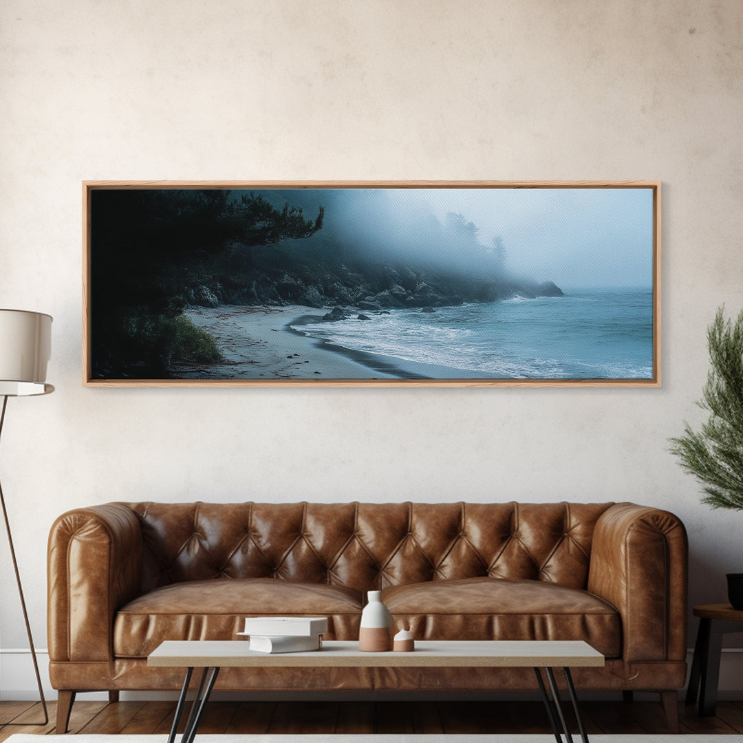 Foggy Beach Framed Canvas Print Moody Coastal Wall Art, Ocean Mist Seascape, Minimalist Nature Print, Tranquil Living Room Decor