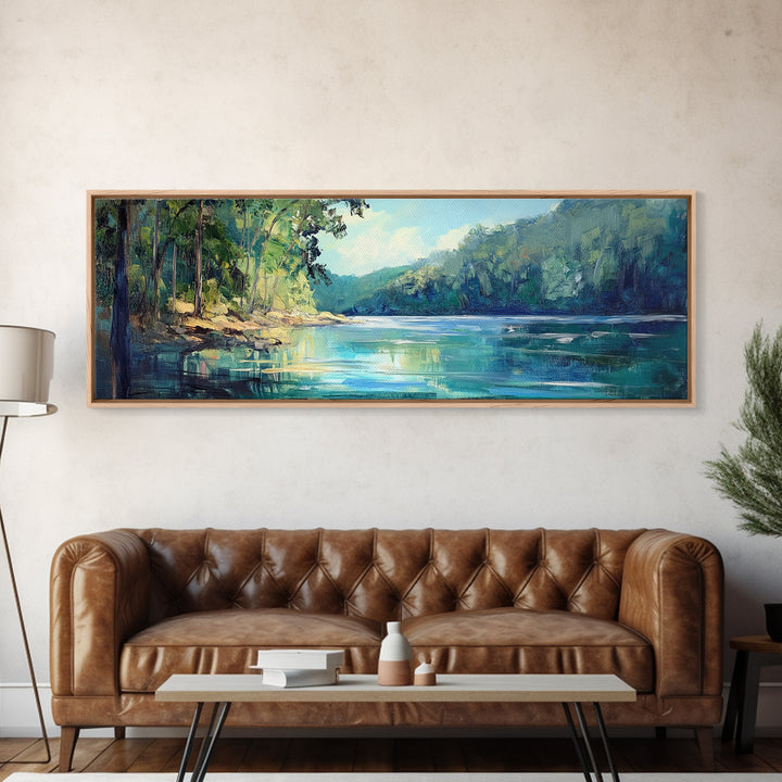 River Valley Framed Canvas Print Tranquil Nature Wall Art, Lush Green Landscape, Summer Cabin Artwork, Rustic Living Room Decor