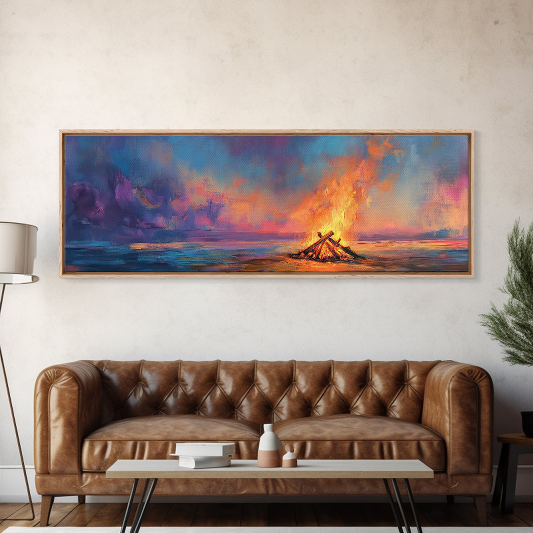 Beach Bonfire Sunset Painting, Vibrant Coastal Seascape Art, Ocean Night Sky Wall Decor, Warm Living Room, Framed Canvas Print