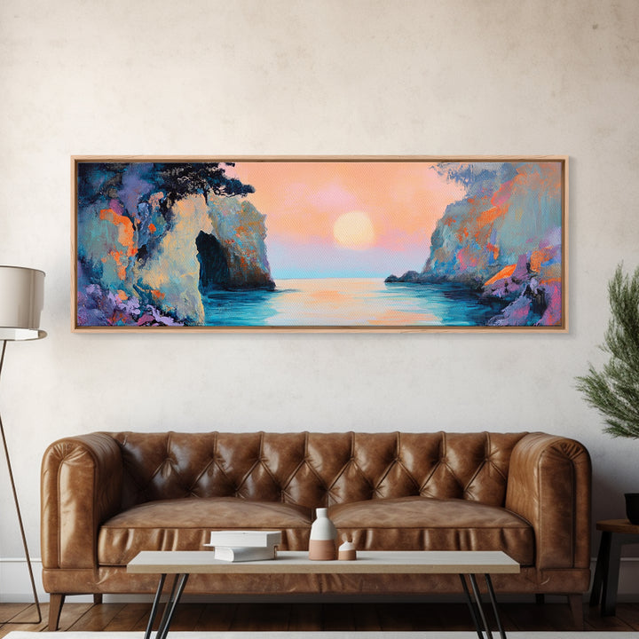 Romantic Sunset Bay Framed Canvas Print Coastal Landscape Wall Art Pastel Tones Boho Home Decor Bedroom Living Room Gift