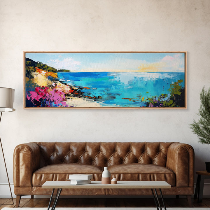 Coastal Cliffside Beauty Framed Canvas Print Impressionist Ocean Wall Art Vibrant Seaside Home Decor Living Room Gift