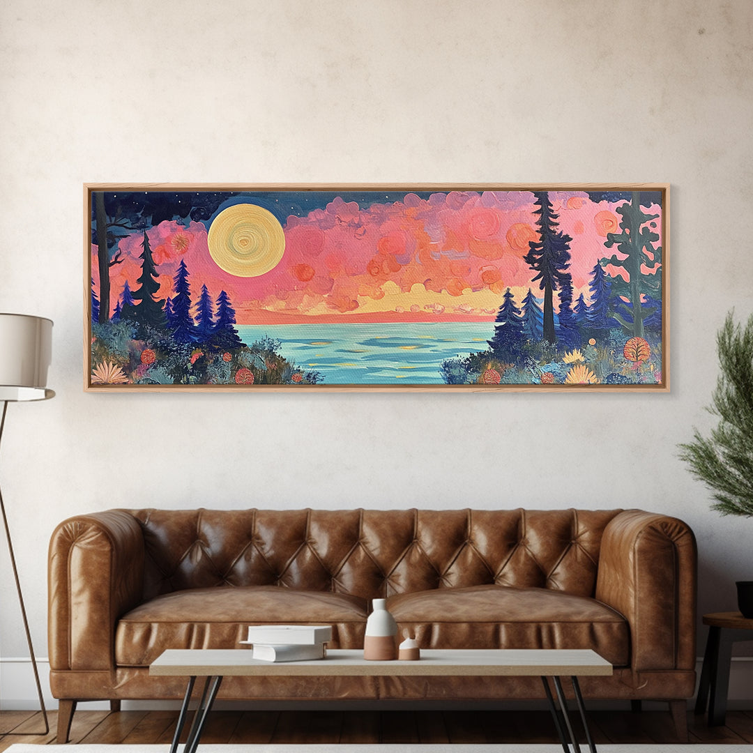 Mystical Moonlight Landscape Framed Canvas Print, Dreamy Forest Art, Boho Sunset Wall Art, Celestial Painting, Living Room Decor