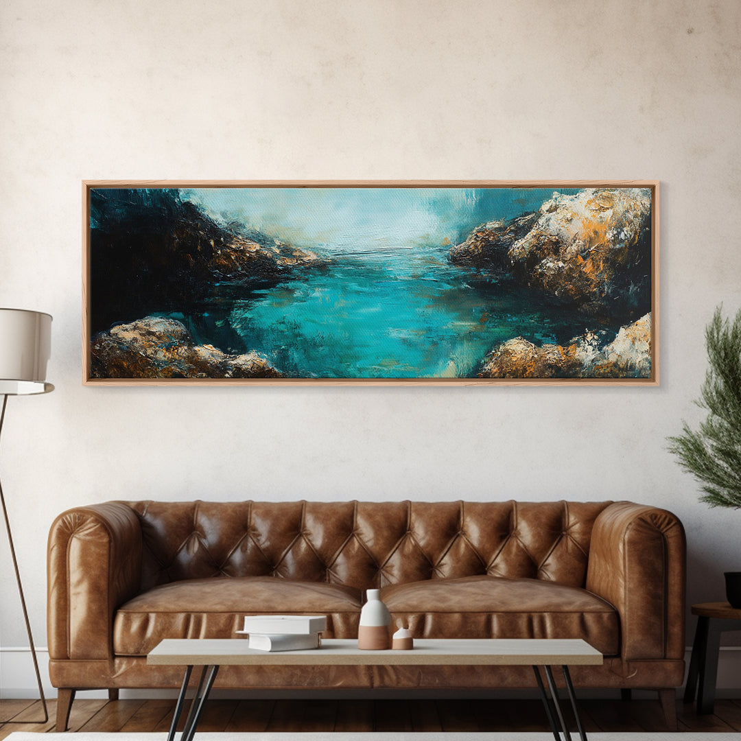 Rocky Cove Ocean Art Framed Canvas Print Textured Seascape Wall Decor Coastal Home Accent Nautical Painting Bedroom or Living Room Gift