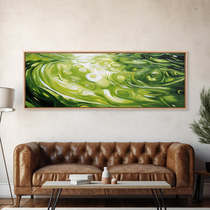 Abstract Green Swirl Painting, Modern Contemporary Wall Art, Nature Inspired Water Reflection, Trendy Office, Framed Canvas Print