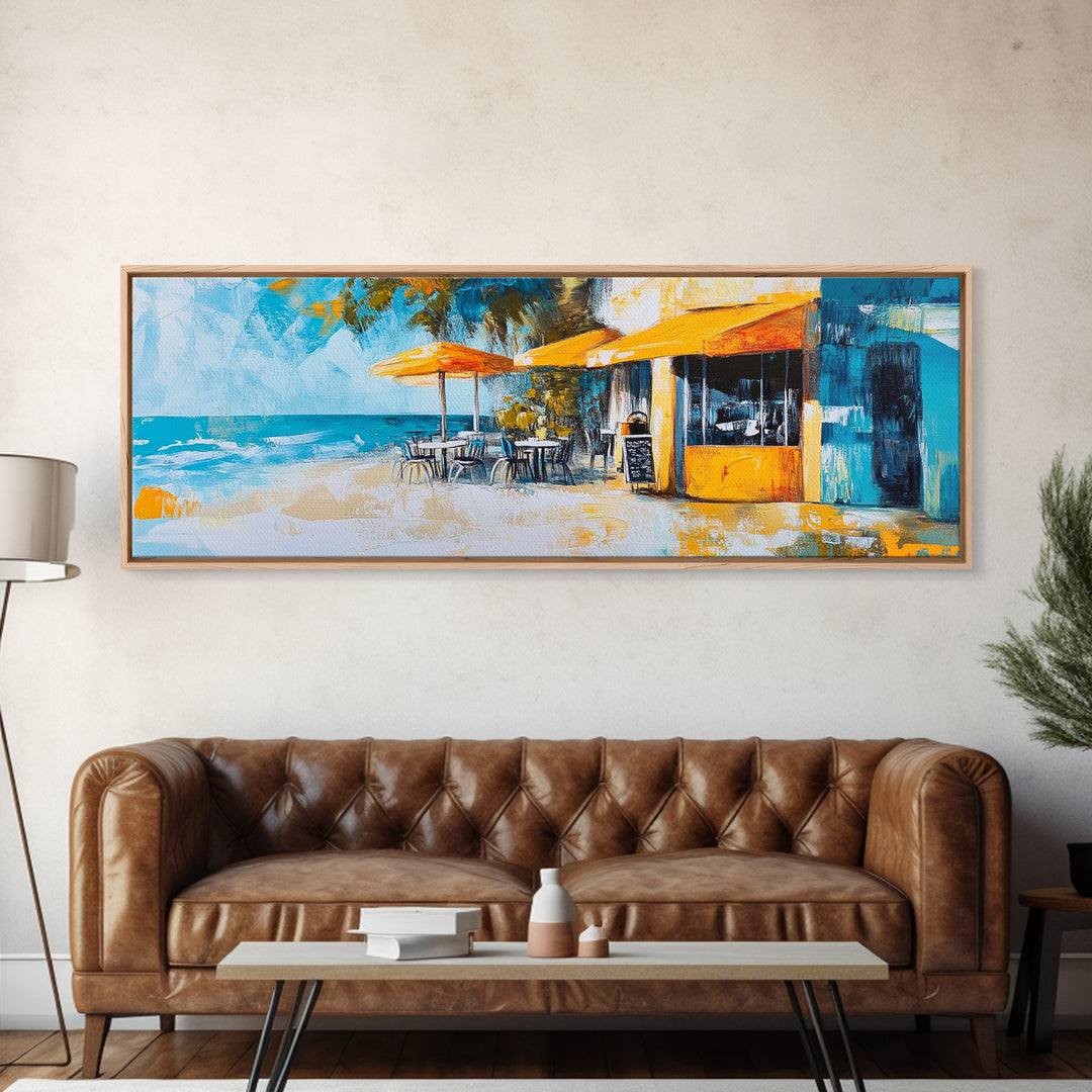 Beachfront Café Painting, Rustic Coastal Restaurant Art, Vibrant Nautical Wall Decor, Warm and Inviting Kitchen, Canvas Print