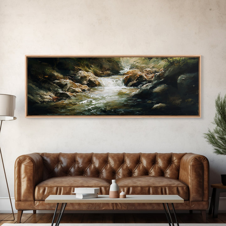 River Rapids Framed Canvas Print Rustic Nature Art, Flowing Water Painting, Cabin Wall Decor, Landscape Artwork, Lodge Decor