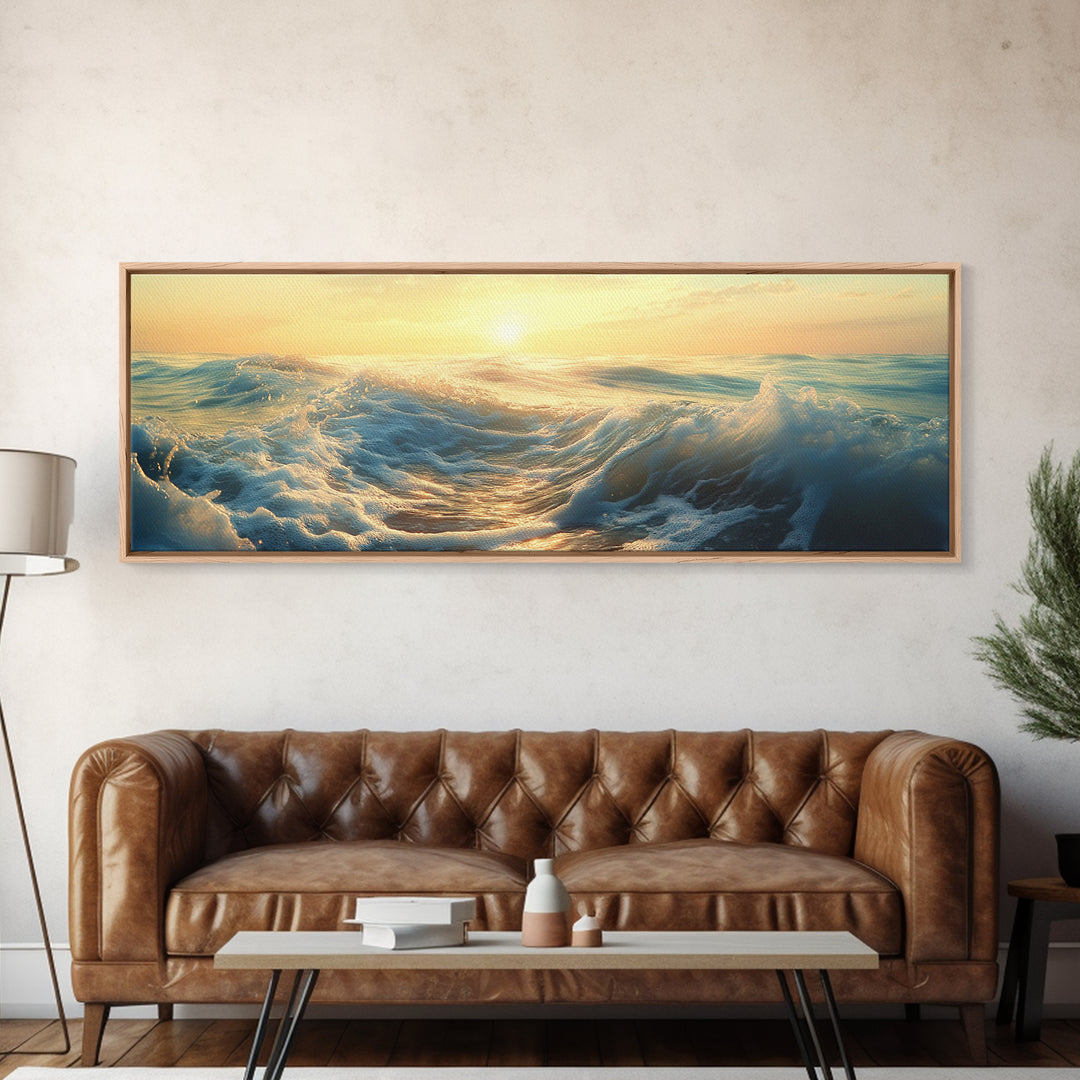 Ocean Sunset Canvas Print Coastal Waves Painting, Golden Horizon Seascape, Nautical Wall Decor, Beach House Art, Bedroom Wall Art
