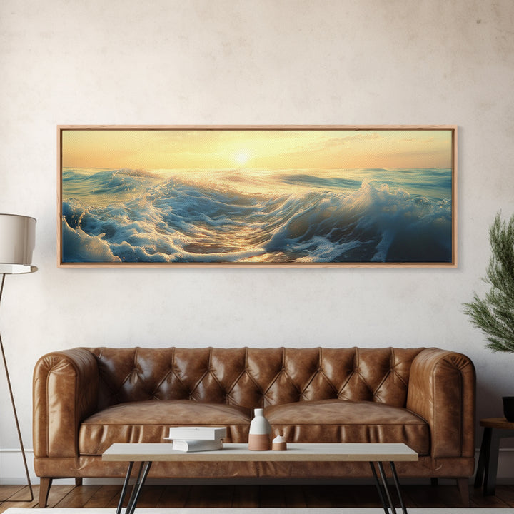Ocean Sunset Canvas Print Coastal Waves Painting, Golden Horizon Seascape, Nautical Wall Decor, Beach House Art, Bedroom Wall Art