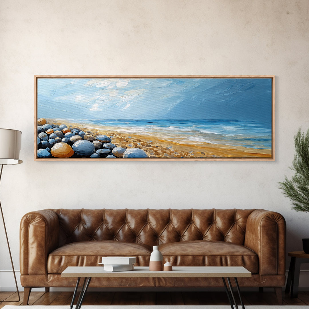 Pebble Beach Seascape Framed Canvas Print Coastal Landscape Wall Art, Serene Ocean Painting, Nautical Bathroom Decor, Minimalist Art
