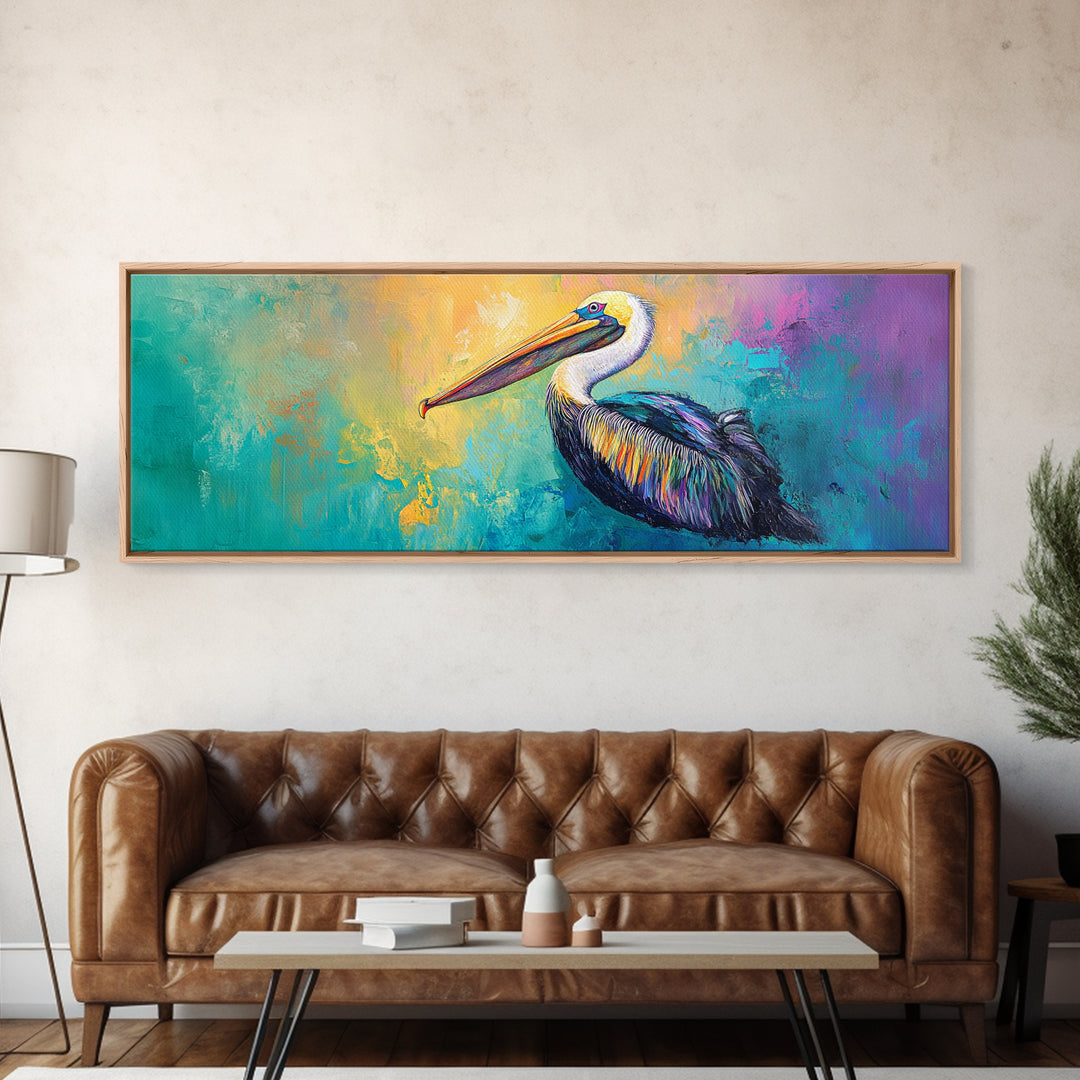 Pelican Abstract Framed Canvas Print Coastal Bird Wall Art, Vibrant Nautical Painting, Beach House Decor, Modern Wildlife Artwork