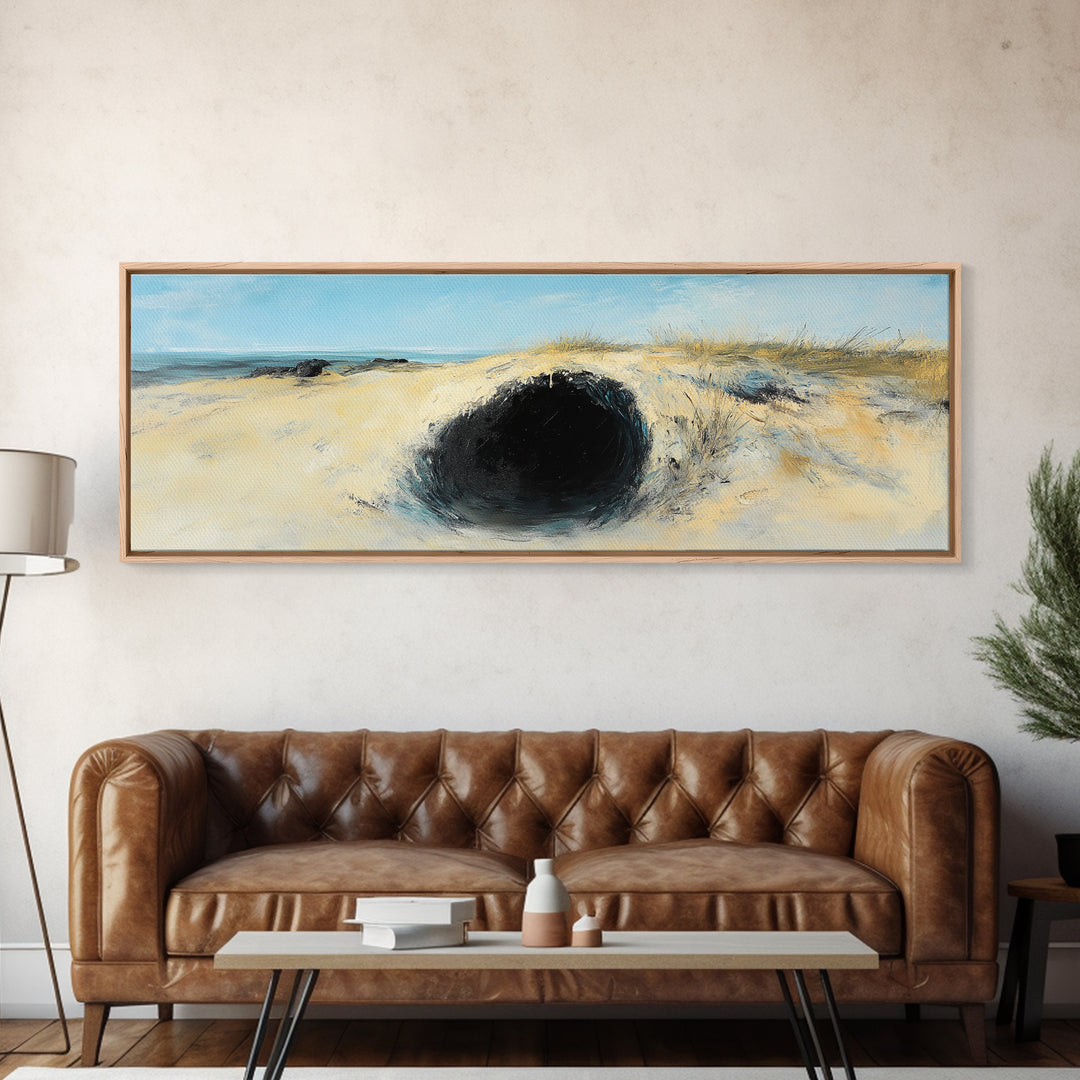 Desert Hole Mystery Framed Canvas Print - Surreal Sand Dune Painting, Minimalist Earthy Wall Art, Unique Living Space