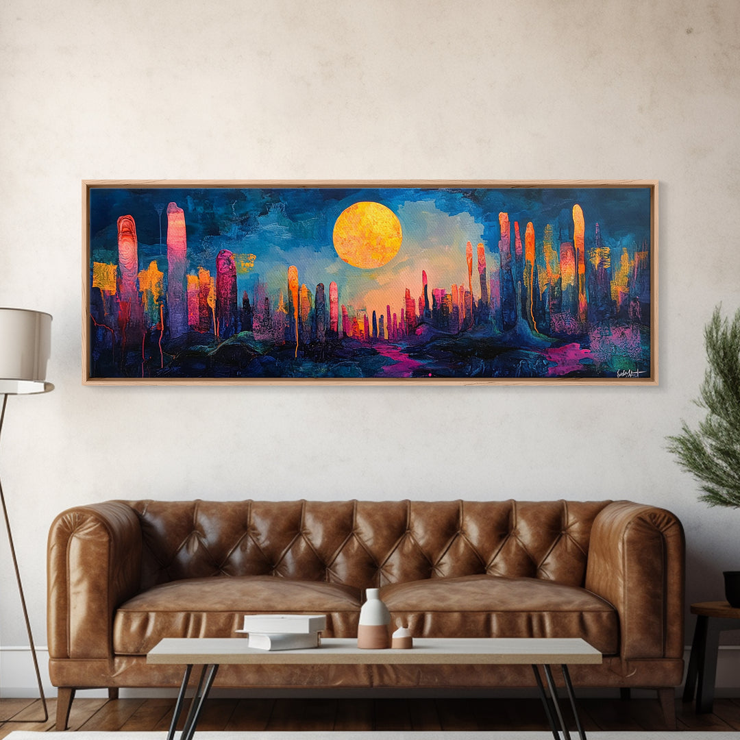Neon Moon Fantasy Canvas Print - Vibrant Sci-Fi Cityscape Painting, Psychedelic Wall Art, Trippy Room Aesthetic, Urban Decor