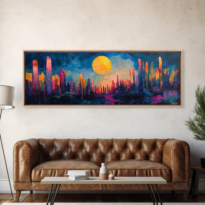 Neon Moon Fantasy Canvas Print - Vibrant Sci-Fi Cityscape Painting, Psychedelic Wall Art, Trippy Room Aesthetic, Urban Decor