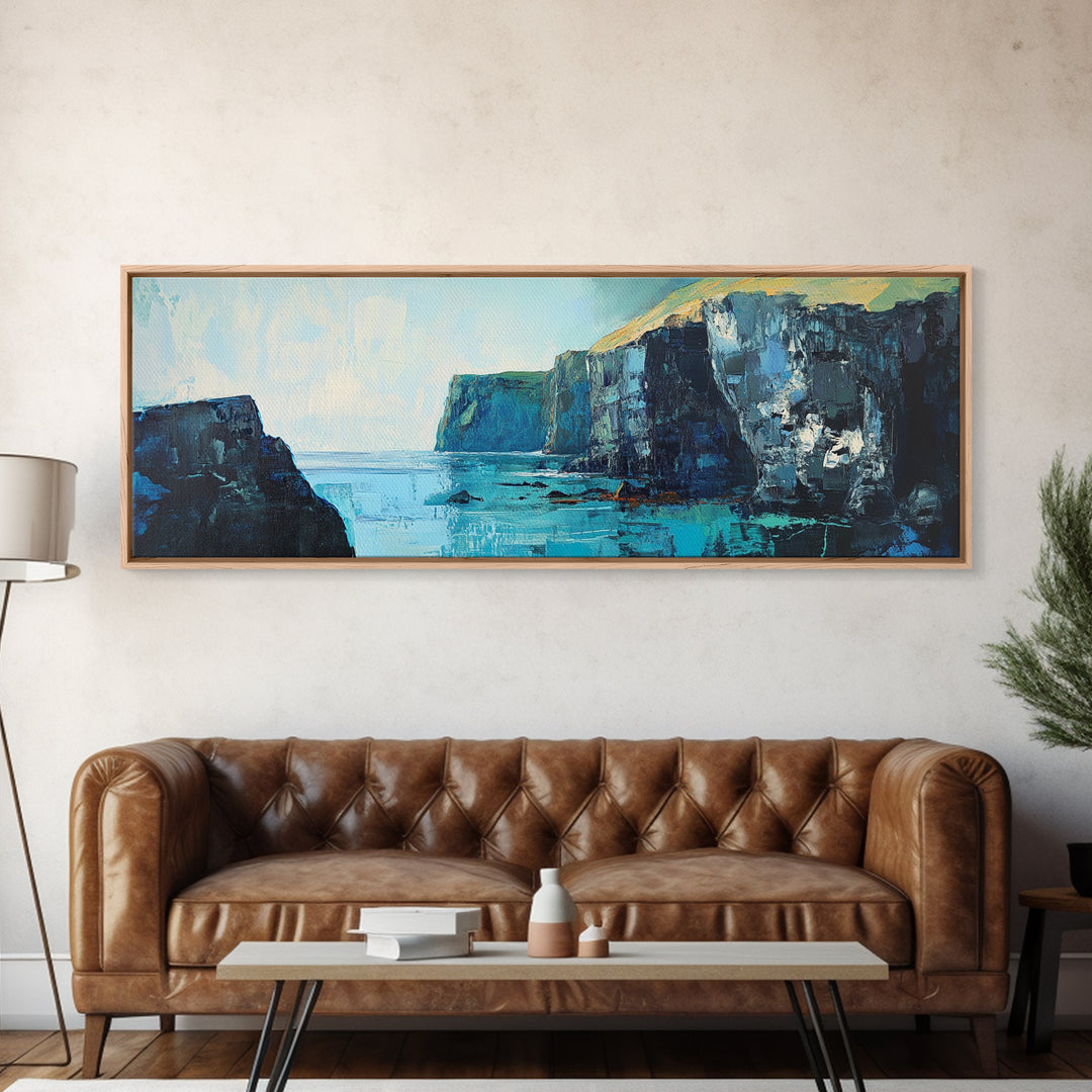 Coastal Cliffs Canvas Print Seascape Wall Art Ocean Waves Painting Nautical Decor Blue Tones Abstract Beach House Living Room Art
