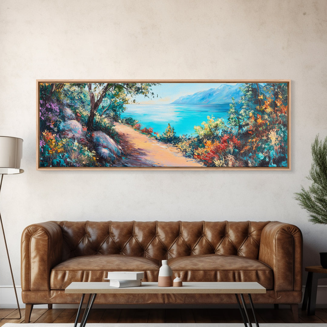 Coastal Pathway Painting Vibrant Beach Landscape Art Mediterranean Seaside Wall Decor Nature Artwork Living Room