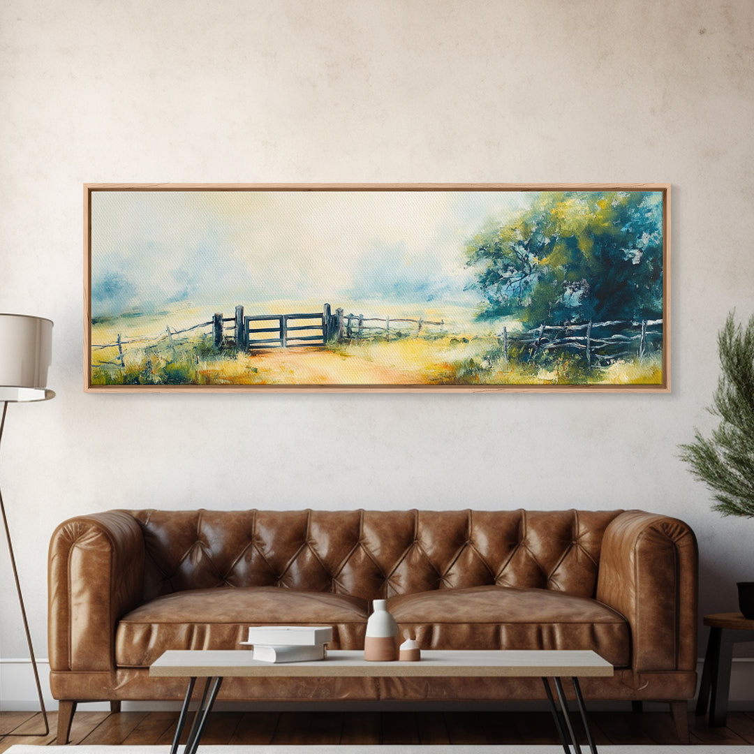 Country Gate Painting Rustic Farmhouse Landscape Art Tranquil Field Wall Decor Cozy Pastoral Artwork Entryway
