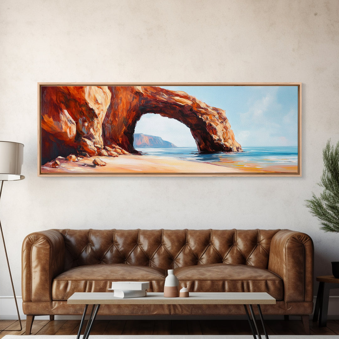 Natural Rock Arch Painting Coastal Cliff Seascape Wall Art Earthy Ocean Landscape Artwork Canvas Print Beach House Decor