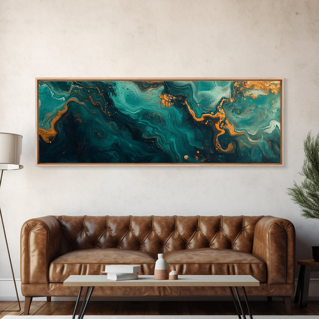 Abstract Fluid Painting Turquoise and Gold Swirl Wall Art Marble Aesthetic Artwork Luxury Modern Decor Dining Room